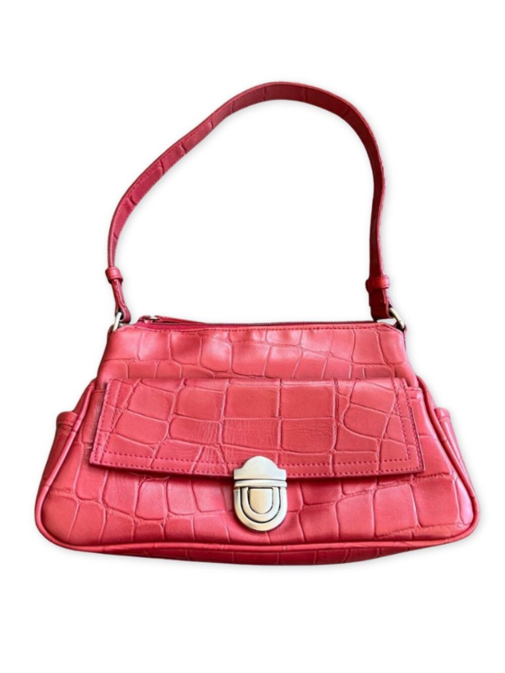 Vintage Elka Purse Handbag Pink Coral Red Croc Embossed Spring Shoulder Bag Y2K